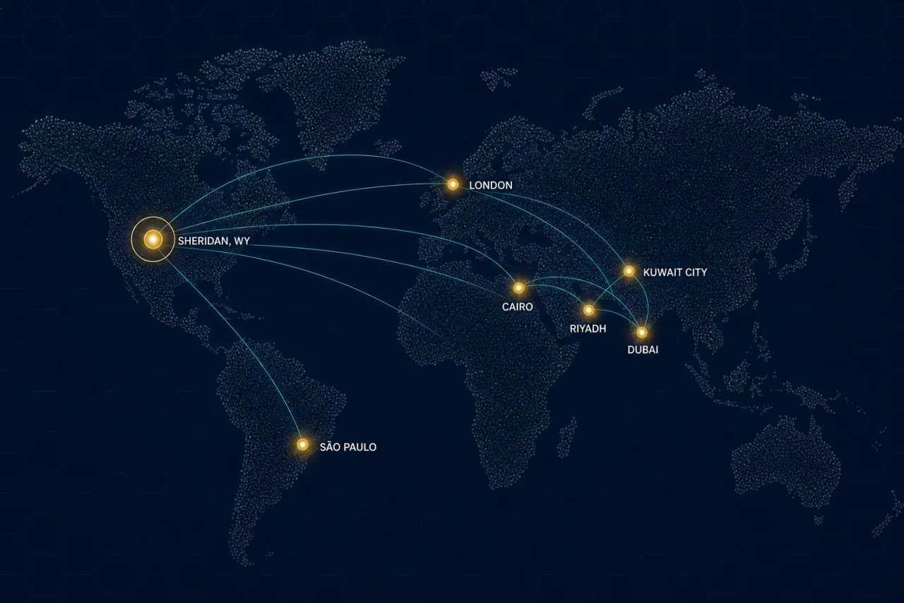 Mapa de la cobertura global de investigación de BioNixus con oficinas en Sheridan (sede en EE. UU.), Londres, El Cairo, Riad, Dubái, Kuwait y São Paulo.