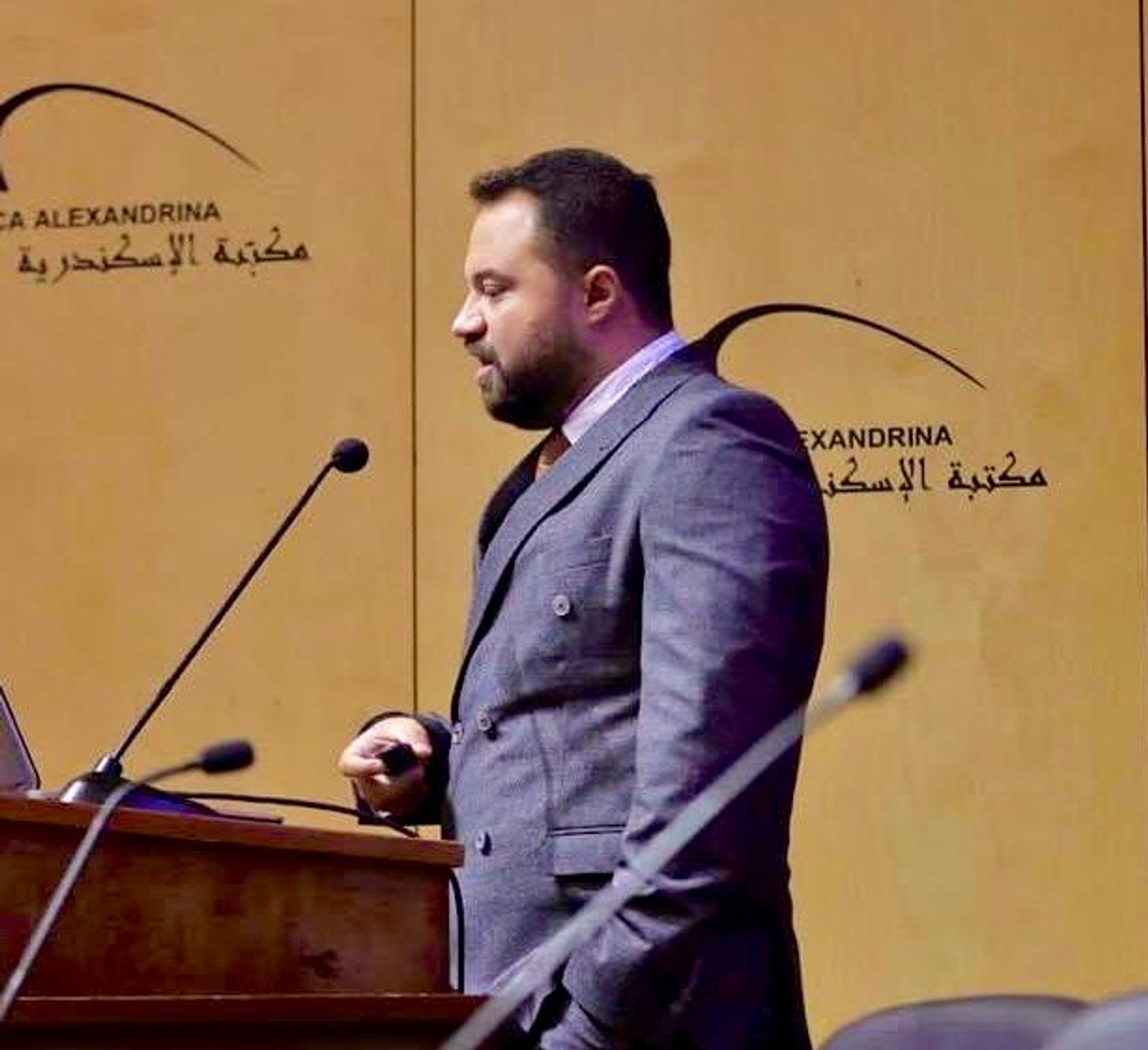 Dr. Mohammad Alsaadany, MEA Director at BioNixus, speaking at Bibliotheca Alexandrina during a formal presentation Dr. Mohammad Alsaadany, MEA Director at BioNixus, speaking at Bibliotheca Alexandrina during a formal presentation